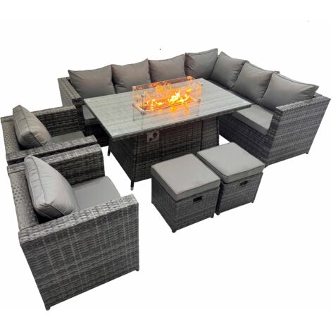 Fimous Garden Rattan Furniture Set 10 Seater Outdoor Corner Sofa 2 Chair Gas Firepit Dining Table Set with 2 Small Stools Dark Grey