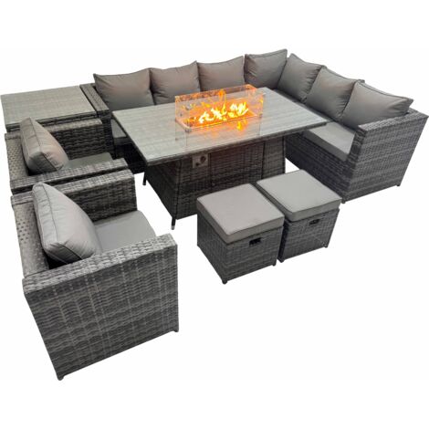 Fimous Garden Rattan Furniture Set 10 Seater Outdoor Corner Sofa Chair Gas Firepit Dining Table Set with 2 Small Stools Side Table Dark Grey