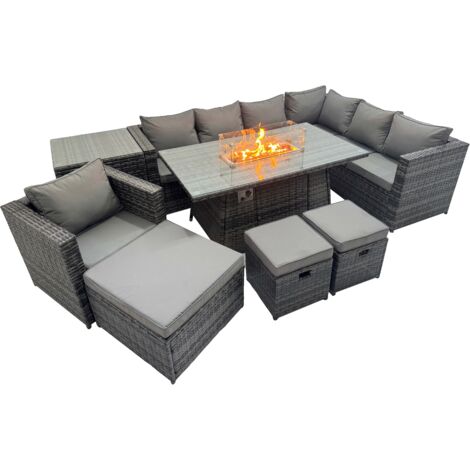 Fimous Garden Rattan Furniture Set 10 Seater Outdoor Corner Sofa Chair Gas Firepit Dining Table Set with Side Table 3 Stool Dark Grey