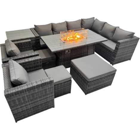 Fimous Garden Rattan Furniture Set 11 Seater Outdoor Corner Sofa 2 Chair Gas Firepit Dining Table Set with 3 Stools Side Table Dark Grey