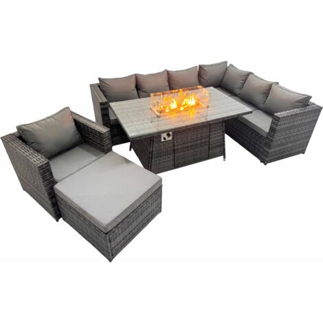 Fimous Garden Rattan Furniture Set 8 Seater Outdoor Corner Sofa Chair Gas Firepit Dining Table Set with Big Stool Dark Grey