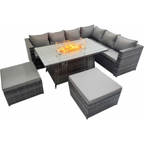 Fimous Garden Rattan Furniture Set 8 Seater Outdoor Corner Sofa Gas Firepit Dining Table Set with 2 Big Stools Dark Grey