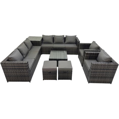Fimous Garden Rattan Outdoor Furniture Set 10 Seater Patio Corner Sofa Coffee Table with 2 Small Stool Side Table Dark Grey