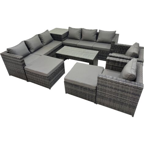 Fimous Garden Rattan Outdoor Furniture Set 10 Seater Patio Corner Sofa Oblong Coffee Table with Chair 2 Big Stool Side Table Dark Grey