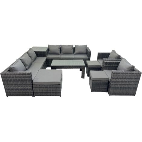 Fimous Garden Rattan Outdoor Furniture Set 11 Seater Patio Corner Sofa Oblong Coffee Table with Chair 3 Stools Side Table Dark Grey