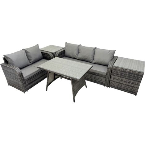 Fimous Garden Rattan Outdoor Furniture Set 5 Seater with Love Sofa 3 Seater Sofa 2 Side Table Dark Grey