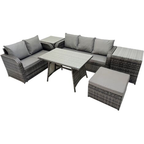 Fimous Garden Rattan Outdoor Furniture Set 6 Seater with Love Sofa 3 Seater Sofa 2 Side Table Big Stool Dark Grey