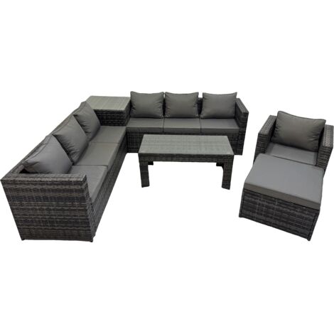 Fimous Garden Rattan Outdoor Furniture Set 8 Seater Patio Corner Sofa Oblong Coffee Table with Chair Big Stool Side Table Dark Grey
