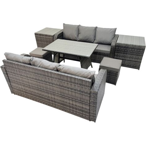 Fimous Garden Rattan Outdoor Furniture Set 8 Seater with 3 Seater Sofa 2 Side Table 2 Small Stools Dark Grey
