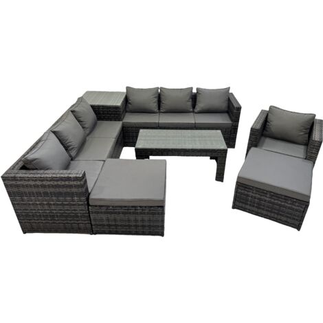 Fimous Garden Rattan Outdoor Furniture Set 9 Seater Patio Corner Sofa Oblong Coffee Table with Chair 2 Big Stool Side Table Dark Grey