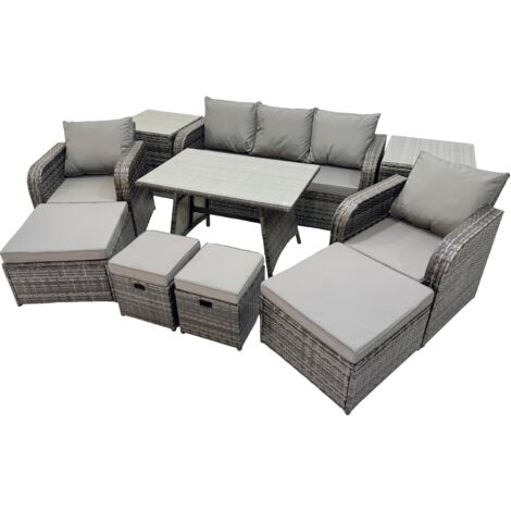 Fimous Garden Rattan Outdoor Furniture Set 9 Seater with 3 Seater Sofa 2 Side Table 2 Big Stool 2 Small Stools Dark Grey