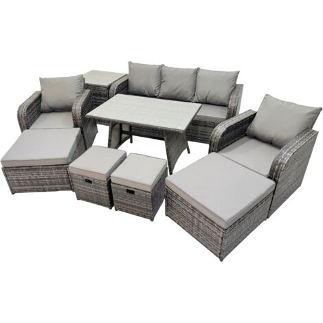 Fimous Garden Rattan Outdoor Furniture Set 9 Seater with 3 Seater Sofa Side Table 2 Big Stool 2 Small Stools Dark Grey