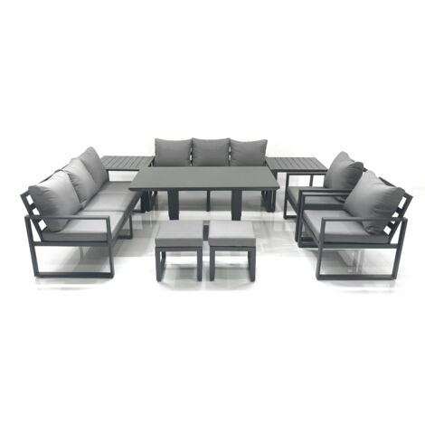 Fimous Garden Sofa Set Aluminium Furniture Rising Dining Tabe Set with 2 Chair 2 Small Footstools 2 Side Tables Dark Grey