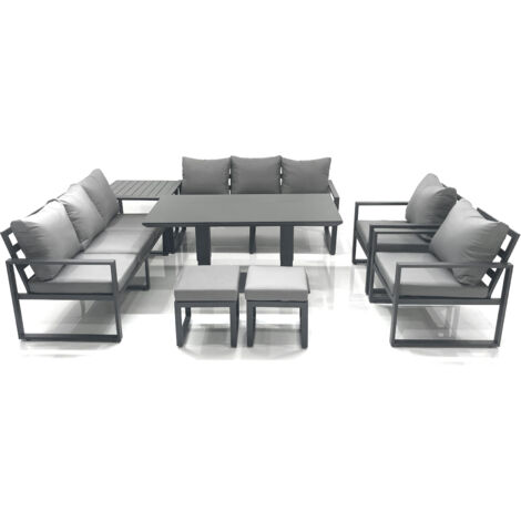 Fimous Garden Sofa Set Aluminium Furniture Rising Dining Tabe Set with 2 Chair 2 Small Footstools Side Table Dark Grey