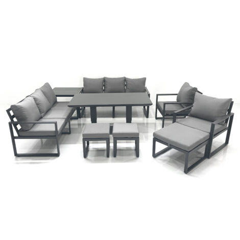 Fimous Garden Sofa Set Aluminium Furniture Rising Dining Tabe Set with 2 Chair 3 Footstools Side Table Dark Grey