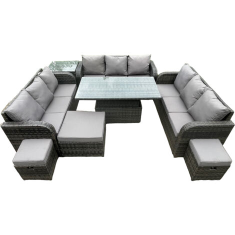 Fimous Garten Dining Sets Rattan Möbel Lounge Sofa Höhenverstellbarer steigender Hubtisch mit Beistelltisch 3 Fußhocker Dunkelgrau gemischt