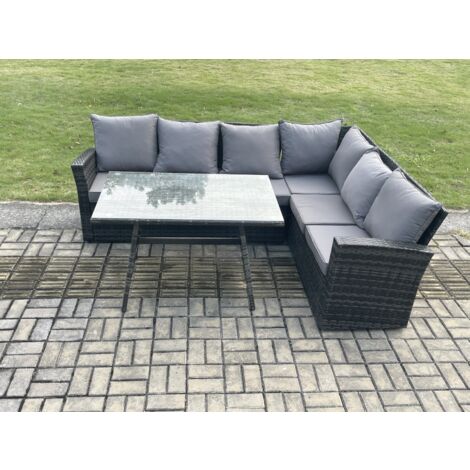Fimous Garten Lounge Set Polyrattan Gartenmöbel Set Rechteckiger Esstisch mit Temper Glass Dunkelgrau Gemischt