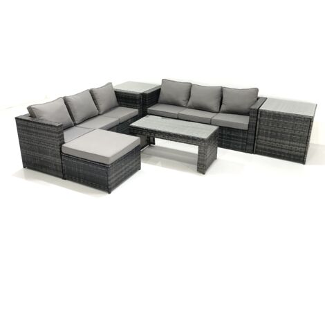 Fimous Garten Rattanmöbel Set mit Sofa Couchtisch 2 Großer Hockern 2 Beistelltischen Dunkelgrau Gemischt