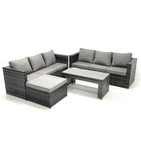 Fimous Garten Rattanmöbel Set mit Sofa Couchtisch 2 Großer Hockern Dunkelgrau Gemischt