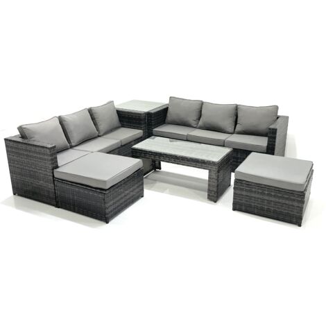 Fimous Garten Rattanmöbel Set mit Sofa Couchtisch 2 hohen Hockern Beistelltisch Dunkelgrau Gemischt