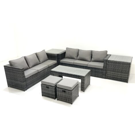 Fimous Garten Rattanmöbel Set mit Sofa Couchtisch 2 kleine Fußhockern 2 Beistelltischen Dunkelgrau Gemischt