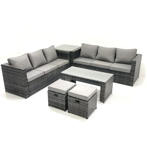 Fimous Garten Rattanmöbel Set mit Sofa Couchtisch 2 kleine Fußhockern Beistelltisch Dunkelgrau Gemischt