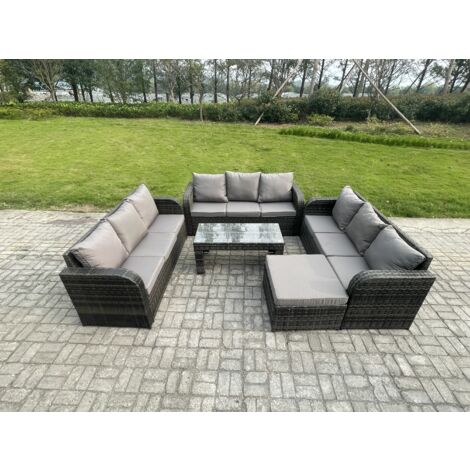 Fimous Garten Sofa im Freien Set 10-Sitzer Polyrattan Gartenmöbel Set mit Rechteckiger Couchtisch 2 Großer Hockern 3-Sitzer Sofa Dunkelgrau Gemischt