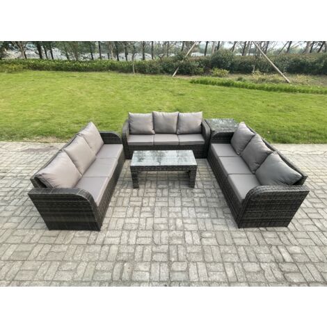 Fimous Garten Sofa im Freien Set Polyrattan Gartenmöbel Set mit Rechteckiger Couchtisch Beistelltisch 3-Sitzer Sofa Dunkelgrau Gemischt