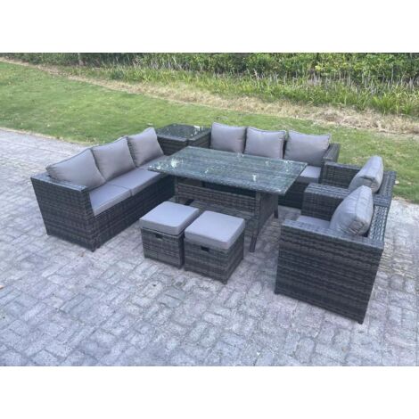 Fimous Gartengartenmöbel Rattan Lounge Sofa Set Terrassen Rechteckiger Esstisch mit 2 Sesseln Beistelltisch 2 Kleiner Hocker 10 Sitzer Dunkelgrau gemischt