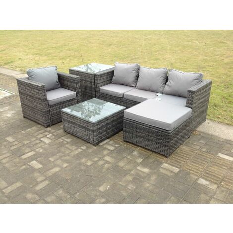 Fimous Gartenlounge Rattan Sofa Set - Polyrattan Gartensofa Sitzgruppe 5-sitzer Gartenmöbel-Set+2 Tische mit Glas für Wintergarten, Rasen, Terrasse,Dunkelgrau Gemischt