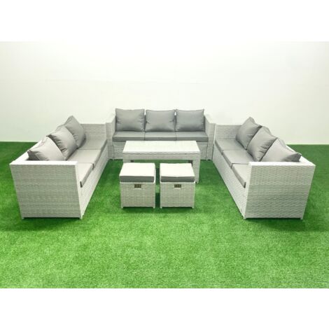 Fimous Gartenmöbel im Freien Polyrattan 11-Sitzer Garten Sofa Rechteckiger Couchtisch Set mit 2 kleinen Hockern Hellgrau gemischt