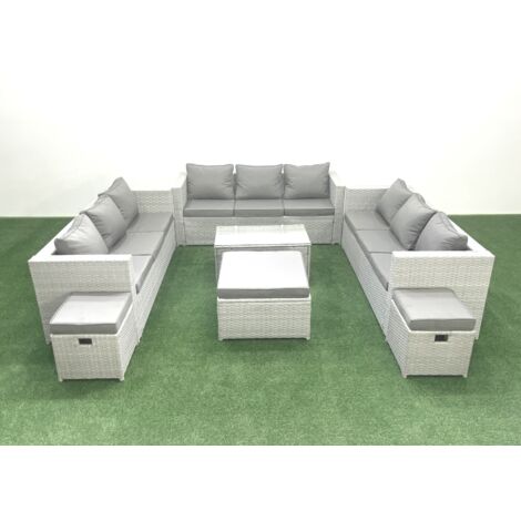 Fimous Gartenmöbel im Freien Polyrattan 12-Sitzer Garten Sofa Couchtisch Set mit 3 Hockern Hellgrau gemischt