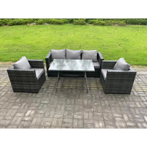 Fimous Gartenmöbel Lounge Sofa Set mit Lounge Sofa Rechteckiger Esstisch 2 Sesseln Dunkelgrau Gemischt