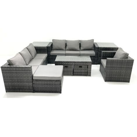 Fimous Gartenmöbel-Set 10-Sitzer Polyrattan Sofa Set mit Couchtisch 3 Hockern Sessel 2 Beistelltischen Dunkelgrau Gemischt