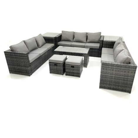 Fimous Gartenmöbel-Set 11-Sitzer Polyrattan Sofa Set mit Couchtisch 2 kleine Fußhockern 2 Beistelltischen Dunkelgrau Gemischt