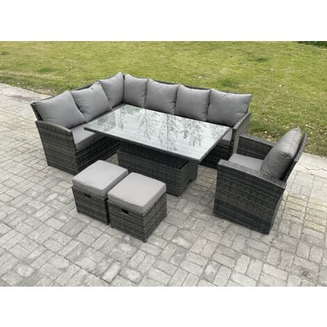 Fimous Gartenmöbel Set aus Polyrattan für den Außenbereich Höhenverstellbarer Esstisch Sofa Set mit 2 kleine Fußhockern Sesseln Dunkelgrau gemischt