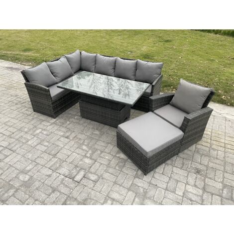 Fimous Gartenmöbel Set aus Polyrattan für den Außenbereich Höhenverstellbarer Esstisch Sofa Set mit Großer Fußhocker Sesseln Dunkelgrau gemischt