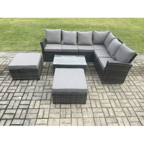 Fimous Gartenmöbel-Set aus Rattan Hoher Rücken Rattan Ecksofa Set mit Rechteckiger Couchtisch 2 Großer Hockern