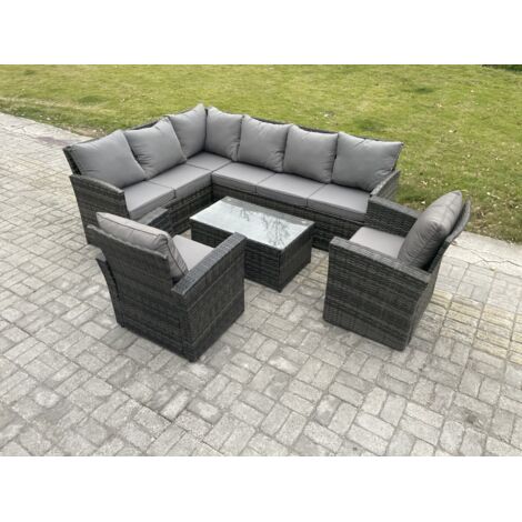 Fimous Gartenmöbel-Set aus Rattan mit Rechteckiger Couchtisch 2 Sesseln Dunkelgrau gemischt