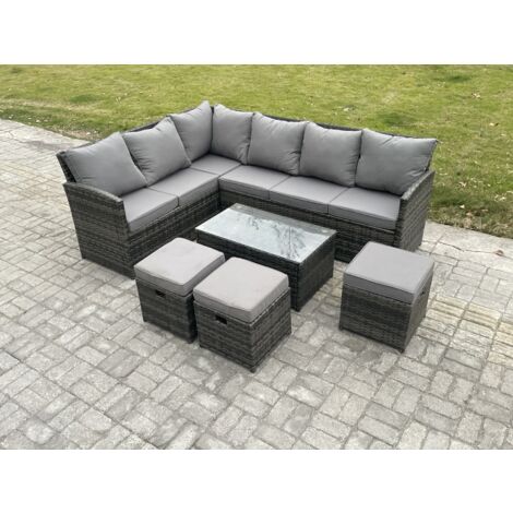 Fimous Gartenmöbel-Set aus Rattan mit Rechteckiger Couchtisch 3 Kleine Hockern Dunkelgrau gemischt