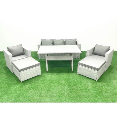 Fimous Gartenmöbel-Set aus Rattan mit Sofa Esstisch 2 Sesseln 2 Großer Hockern Hellgrau gemischt