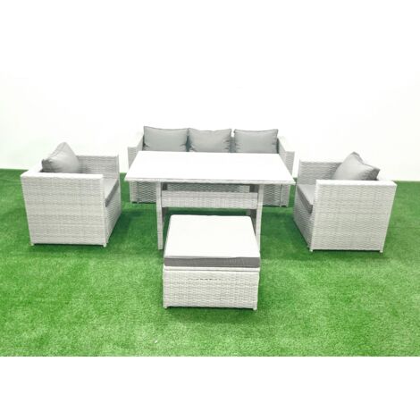 Fimous Gartenmöbel-Set aus Rattan mit Sofa Esstisch 2 Sesseln Großer Fußhocker Hellgrau gemischt