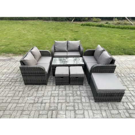 Fimous Gartenmöbel-Sets 7 Stücke Polyrattan Möbel Sofa Sets mit Rechteckiger Couchtisch Loveseat Sofa 3 Hockern