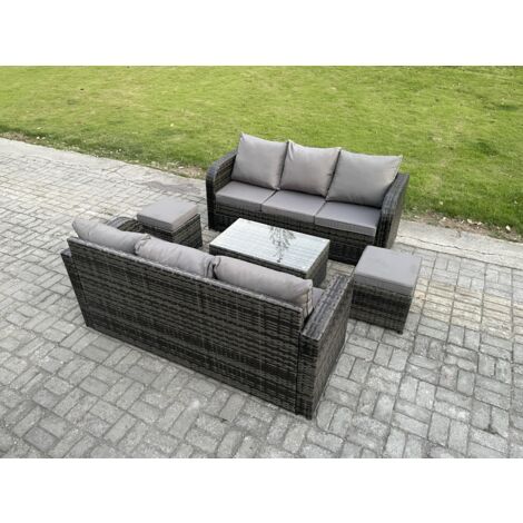 Fimous Gartenmöbel-Sets 8-Sitzer Polyrattan Möbel Sofa Sets mit Rechteckiger Couchtisch 3-Sitzer Sofa 2 kleine Fußhockern Dunkelgrau Gemischt