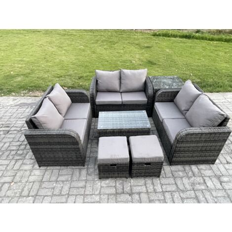 Fimous Gartenmöbel-Sets 8-Sitzer Polyrattan Möbel Sofa Sets mit Rechteckiger Couchtisch Love Sofa Beistelltisch 2 kleine Fußhockern Dunkelgrau Gemischt