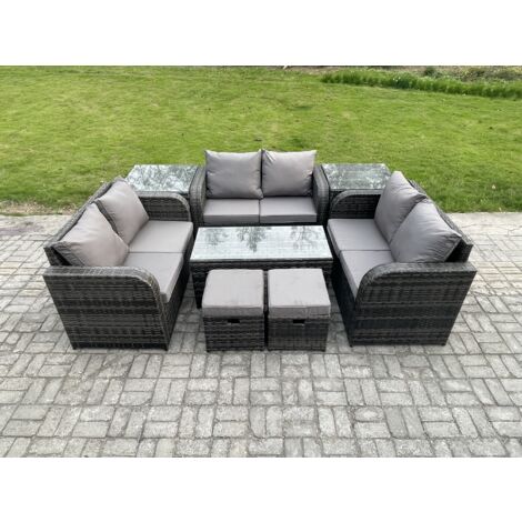 Fimous Gartenmöbel-Sets 8 Stücke Polyrattan Möbel Sofa Set mit Rechteckiger Couchtisch Loveseat Sofa 2 kleine Fußhockern 2 Beistelltischen