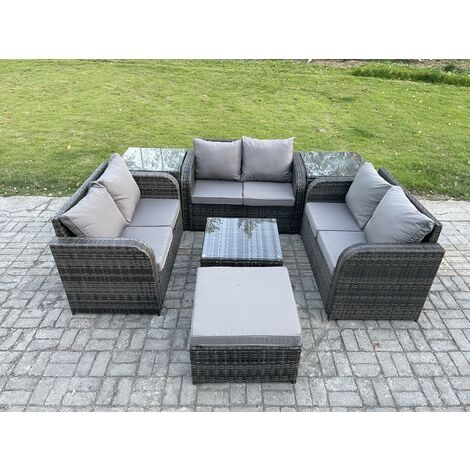Fimous Gartenmöbel Sets im Freien 7-Sitzer Wicker Rattan Möbel Sofa Sets mit quadratischem Couchtisch Liebe Sitz Sofa Big Foothocker 2 Beistelltische