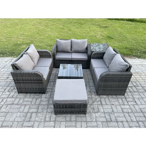 Fimous Gartenmöbel Sets im Freien 7-Sitzer Wicker Rattan Möbel Sofa Sets mit quadratischem Couchtisch Liebe Sitz Sofa Großer Fußhocker Beistelltisch