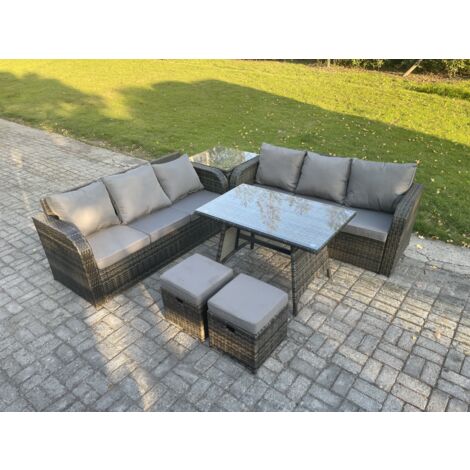 Fimous Gartenmöbel Sofa Set Rechteckiger Esstisch 2 kleinen Hockern Beistelltisch 8-Sitzer Rattansofa-Set Dunkelgrau Gemischt