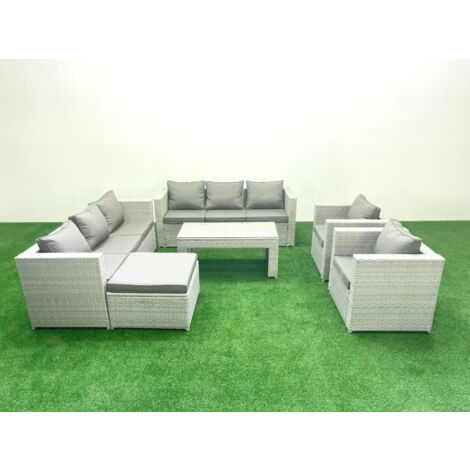 Fimous Gartenmöbelset Polyrattan mit 2 Sesseln Rechteckiger Couchtisch 2 Großer Hockern Hellgrau gemischt
